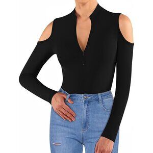 Long Sleeve Bodysuit Black Sexy Deep V cold Shoulder Layering Top Fall Winter